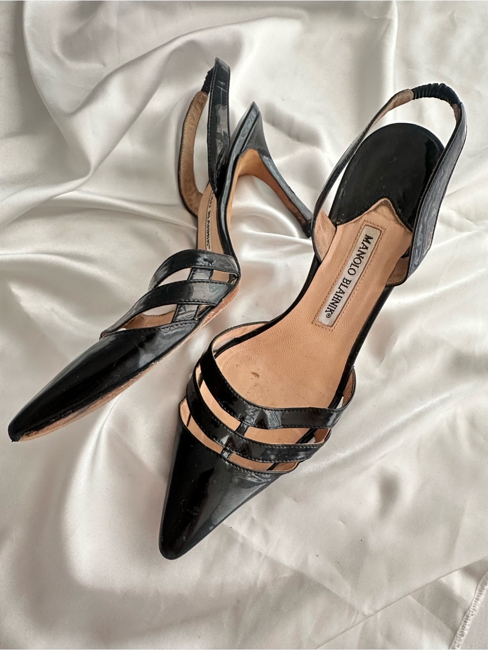 Manolo Blahnik Black Patent Pointed Toe Slingback Heels #028